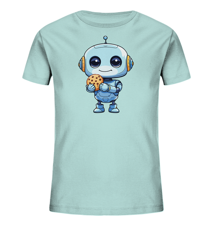 Onlineshop Shirts für Kinder - Das Bild zeigt ein hellblaues Kinder-T-Shirt mit einem zentralen Aufdruck eines cartoonartigen Roboters. Der Roboter ist in Blautönen dargestellt und hat orangefarbene Akzente an den Ohren und Gelenken. Er hält einen großen Schokoladenkeks in seinen Händen und hat ein freundliches Lächeln sowie große, runde Augen. Die Illustration ist klar und detailreich, was dem Shirt ein lustiges und ansprechendes Design für Kinder verleiht.