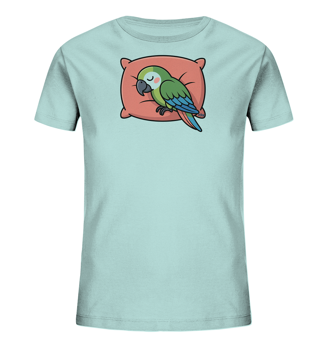 Onlineshop Shirts fuer Kinder - Das Bild zeigt ein hellblaues Kinder-T-Shirt. Auf der Vorderseite ist ein schlafender, gruener Papagei mit blauen Fluegeln und Schwanzfedern abgebildet. Der Papagei ruht auf einem roetlich-orangen Kissen und hat die Augen geschlossen. Das Design wirkt friedlich und verspielt.