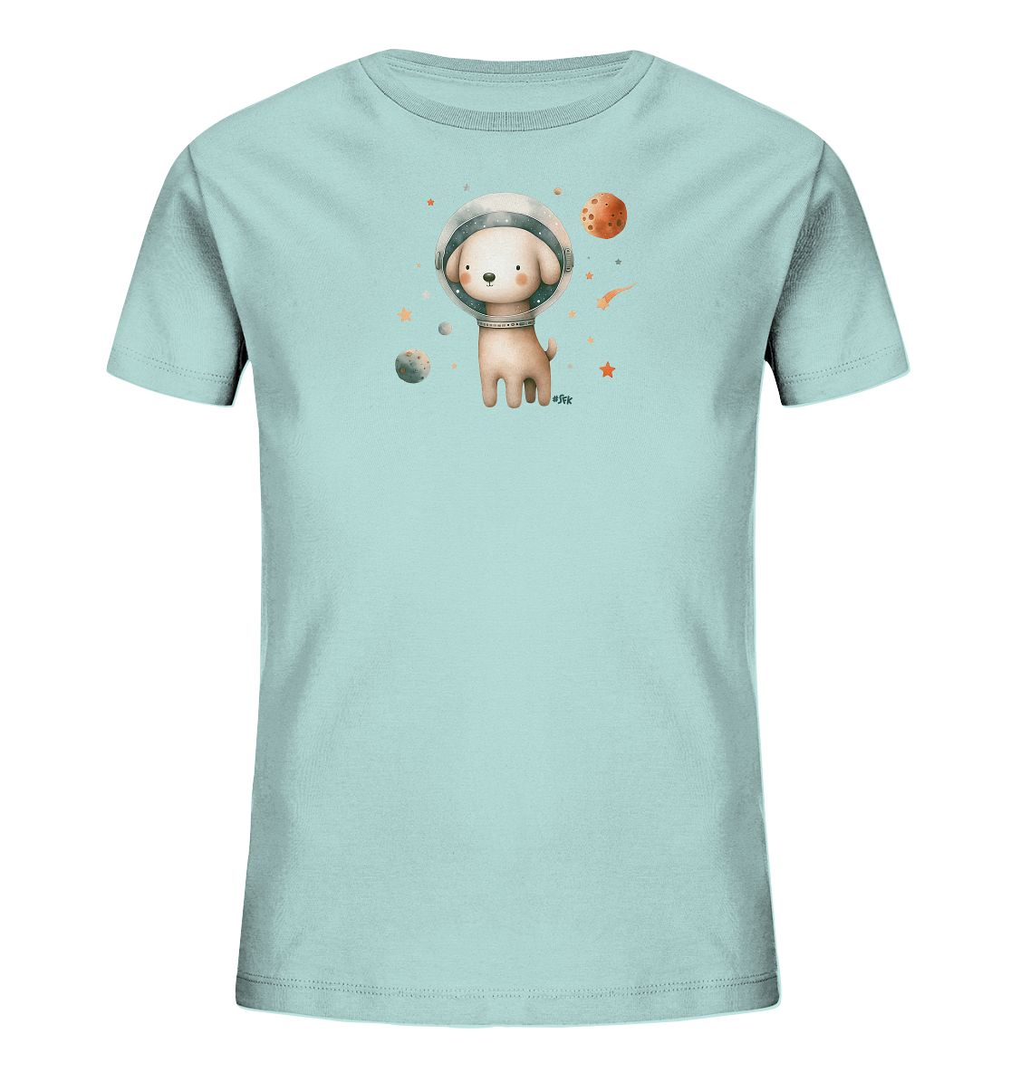 Onlineshop Shirts fuer Kinder - Das Bild zeigt ein hellblaues T-Shirt mit einem niedlichen Motiv eines Hundes im Astronautenhelm. Um ihn herum sind Planeten, Sterne und ein Komet in einem illustrativen Stil dargestellt. Das Design vermittelt eine freundliche und vertraeumte Weltraumszene. Die Farben sind sanft und kindgerecht gestaltet.