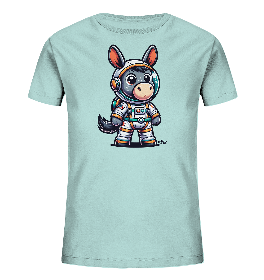 Onlineshop Shirts fuer Kinder - Das Bild zeigt ein hellblaues Kinder-T-Shirt mit einer Illustration eines niedlichen Esels in einem Astronautenanzug. Der Esel traegt einen weissen Weltraumanzug mit orangefarbenen Streifen und einem Helm mit Visier. Die detailreiche Grafik zeigt den Esel stehend. Dieses Motiv ist ein verspielter Blickfang.