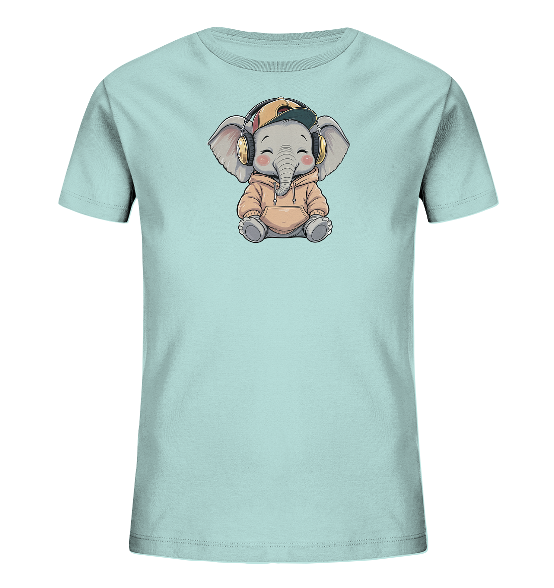 Onlineshop Shirts fuer Kinder - Das Bild zeigt ein hellblaues Kinder-T-Shirt mit einem niedlichen Cartoon-Elefanten auf der Vorderseite. Der Elefant traegt einen beigen Hoodie, gelbe Kopfhoerer und eine Baseballkappe. Er sitzt laechelnd da und verleiht dem Shirt einen verspielten Charakter. Das Design ist ansprechend fuer Kinder.