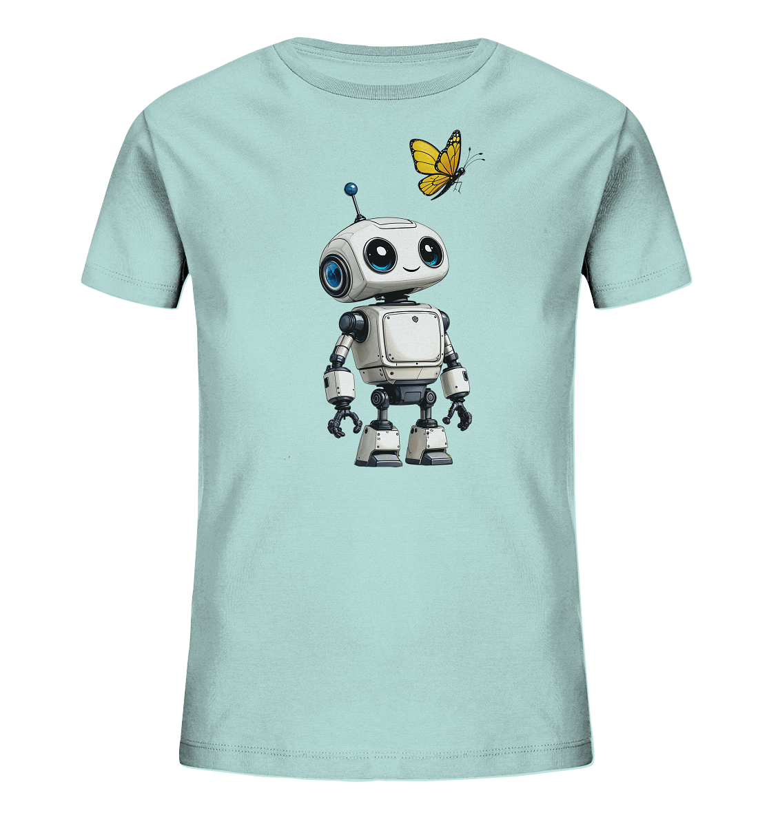Onlineshop Shirts für Kinder - Das Bild zeigt ein hellblaues T-Shirt für Kinder. Auf der Vorderseite des Shirts ist ein freundlicher, weißer Roboter mit blauen Augen und einer Antenne zu sehen. Über dem Roboter fliegt ein kleiner, gelber Schmetterling. Die Illustration ist im Cartoon-Stil gehalten und verleiht dem T-Shirt ein verspieltes Aussehen. Dieses Design ist ideal für kleine Technik- und Naturfreunde.