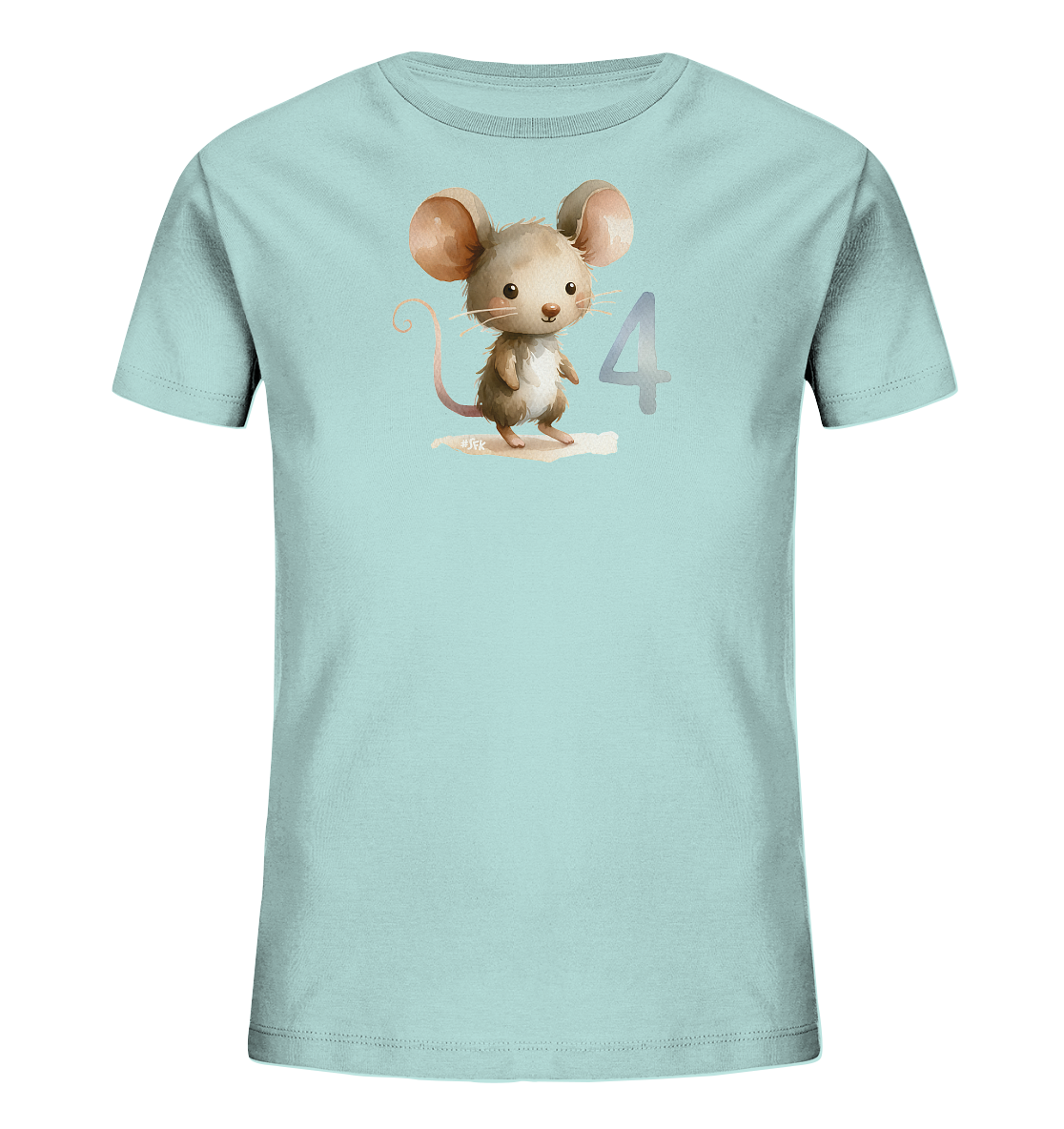 Onlineshop Shirts fuer Kinder - Das hellblaue T-Shirt zeigt eine niedliche, gezeichnete Maus mit grossen Ohren auf der Vorderseite. Die Maus steht auf einer hellen Flaeche und blickt freundlich nach vorne. Neben der Maus ist die Zahl "4" in einem blassen Blauton abgebildet. Das Design wirkt insgesamt sanft und kindgerecht.