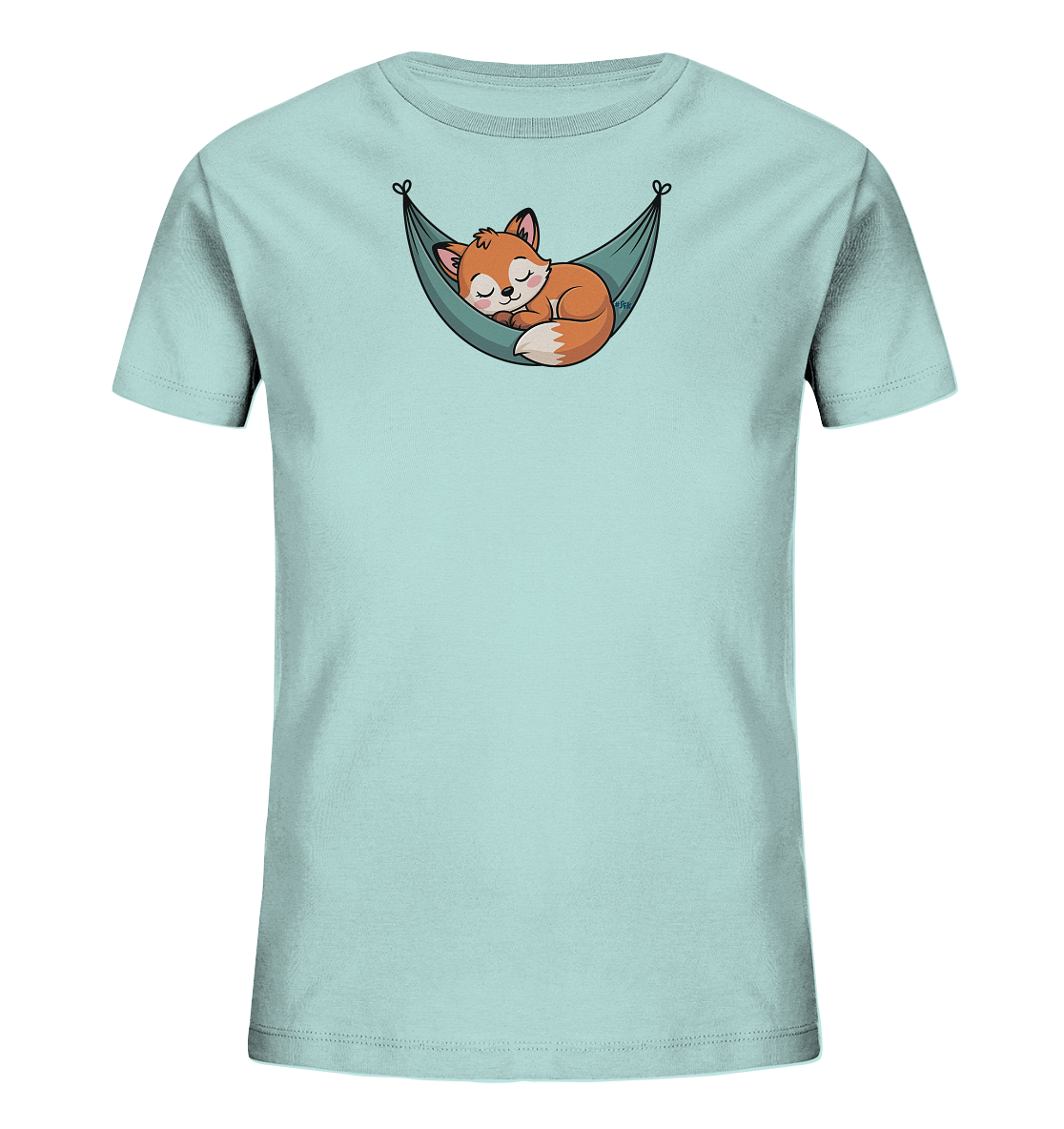 Onlineshop Shirts fuer Kinder - Das Bild zeigt ein hellblaues Kinder-T-Shirt mit einem niedlichen Tiermotiv. Auf der Vorderseite ist ein schlafender Fuchs abgebildet, der gemuetlich in einer Haengematte liegt. Der Fuchs ist orangefarben mit einer weissen Schwanzspitze und hat geschlossene Augen, was seinen friedlichen Schlaf unterstreicht. Das Design wirkt beruhigend und verspielt.