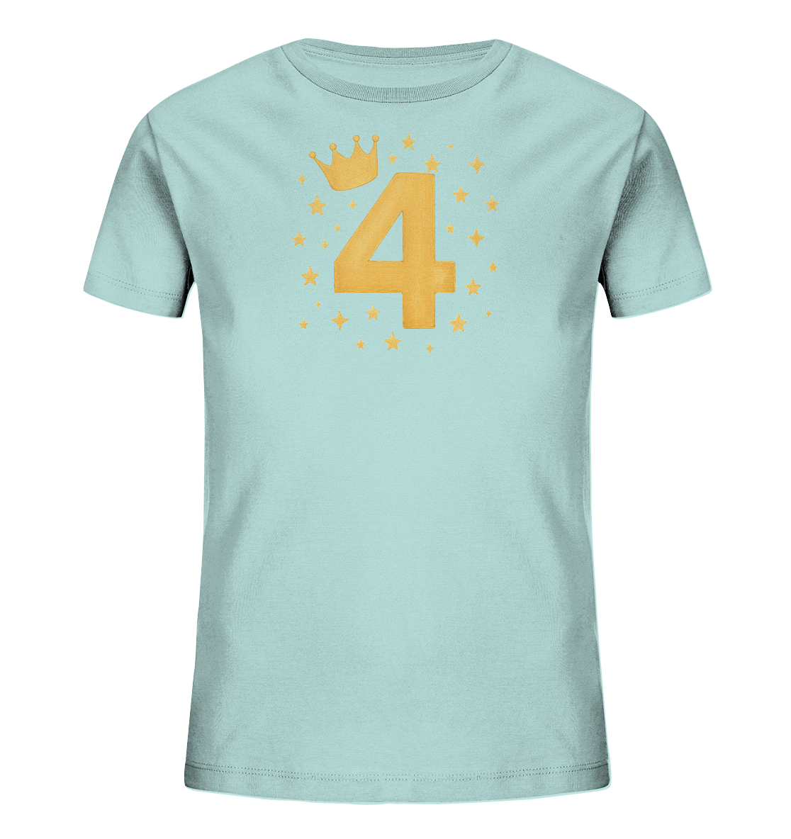Onlineshop Shirts fuer Kinder - Abgebildet ist ein hellblaues Kinder-T-Shirt mit einem zentralen Grafikdesign. Der Druck zeigt die Zahl Vier in Gelb, gekroent von einer kleinen gelben Krone. Um die Zahl herum sind kleine gelbe Sterne und funkelnde Elemente platziert. Dieses froehliche Motiv ist ansprechend gestaltet.