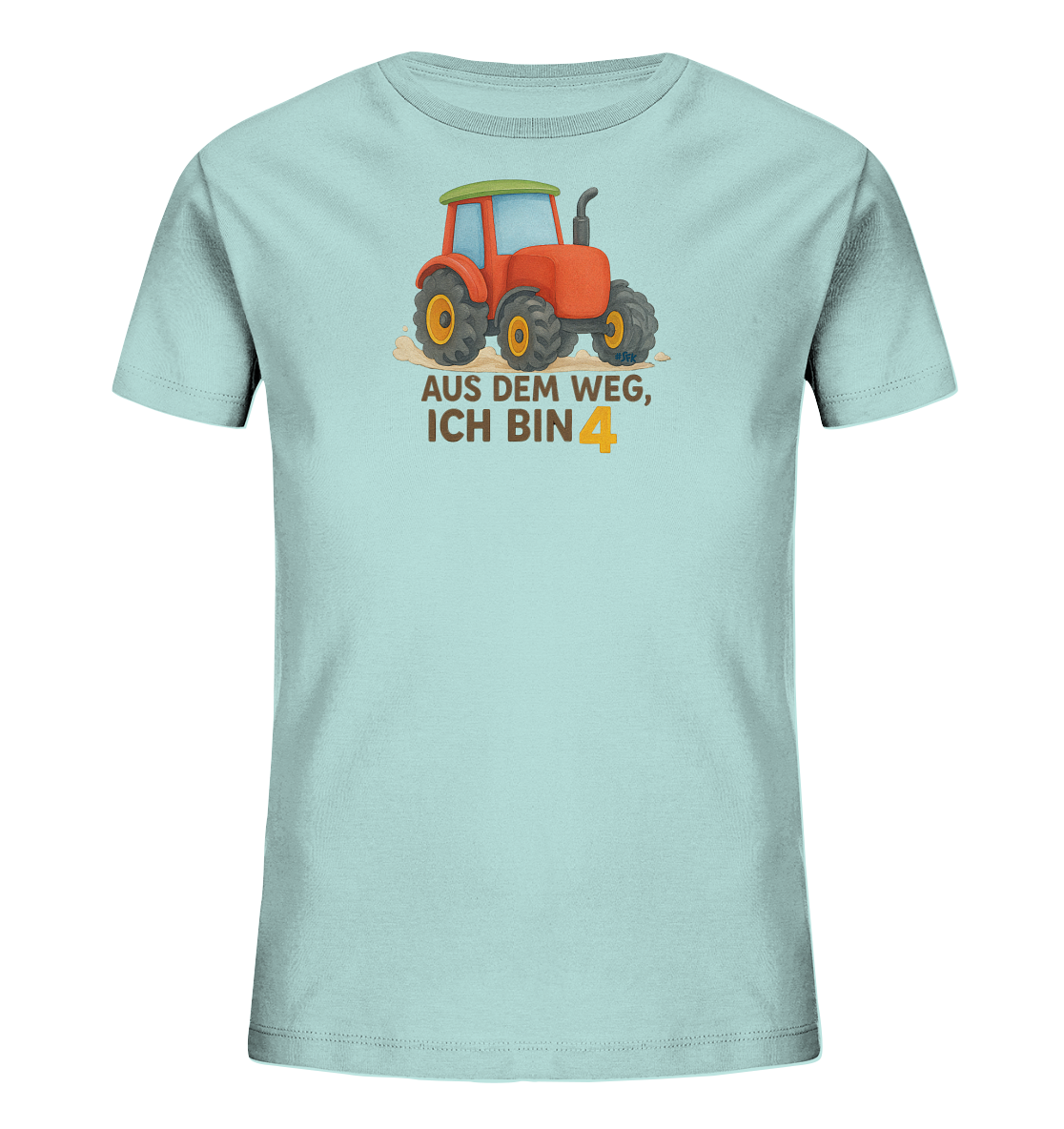 Onlineshop Shirts fuer Kinder - Das Bild zeigt ein hellblaues T-Shirt mit einem lustigen Traktor-Motiv auf der Vorderseite. Ein roter Cartoon-Traktor mit gruener Kabine ist ueber dem Text "AUS DEM WEG, ICH BIN" abgebildet. Die Zahl 4 ist gross und orangefarben hervorgehoben. Das Design wirkt froehlich und robust.