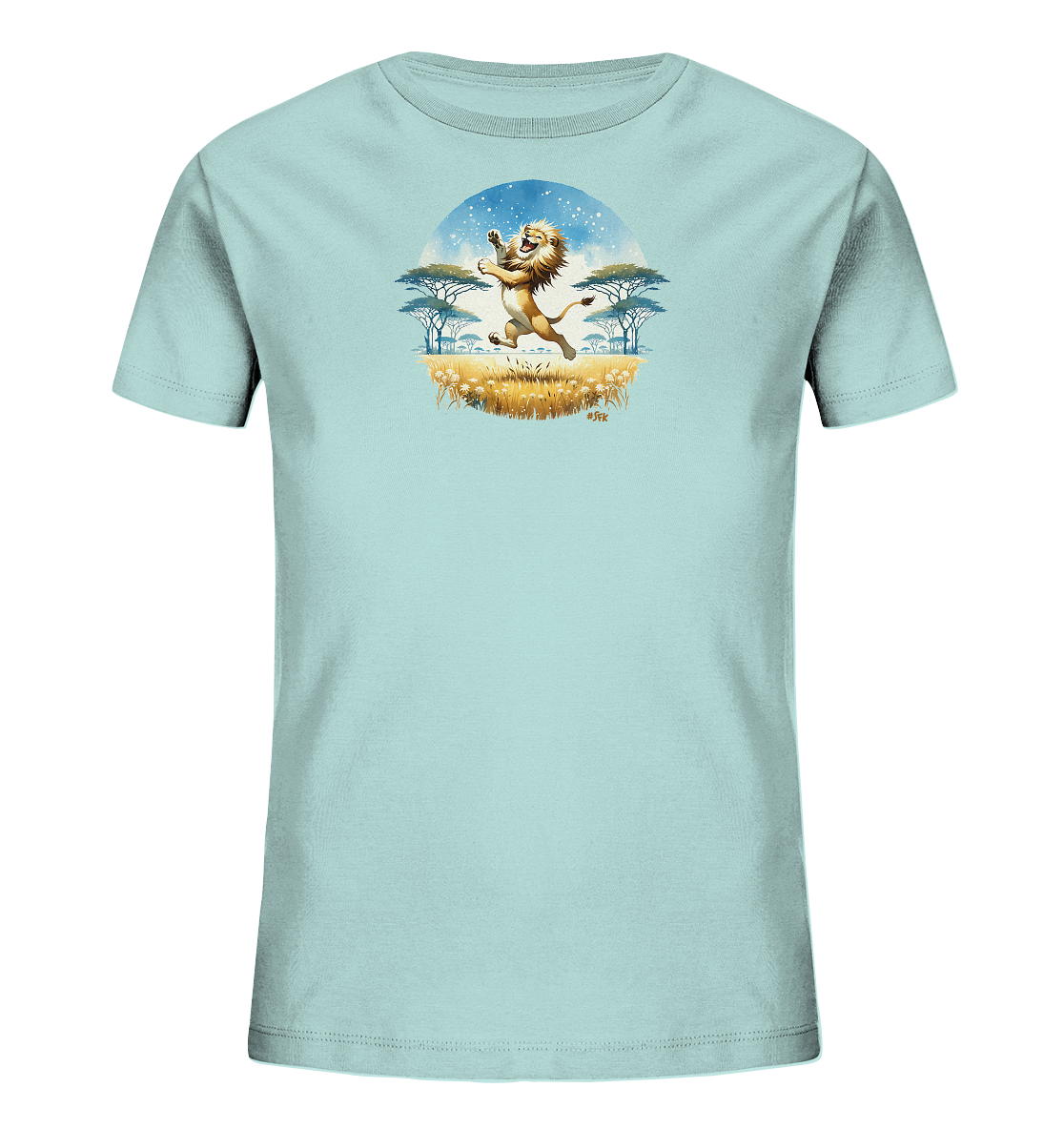 Onlineshop Shirts fuer Kinder - Dieses hellblaue T-Shirt zeigt eine farbenfrohe Illustration eines froehlichen, springenden Loewen. Das Motiv stellt eine Savannenlandschaft mit Gras, Akazienbaeumen und einem sternenklaren Himmel dar. Die gesamte Szene ist in einem runden Rahmen dargestellt. Der Cartoon-Stil verleiht dem Design einen lebendigen Charakter.