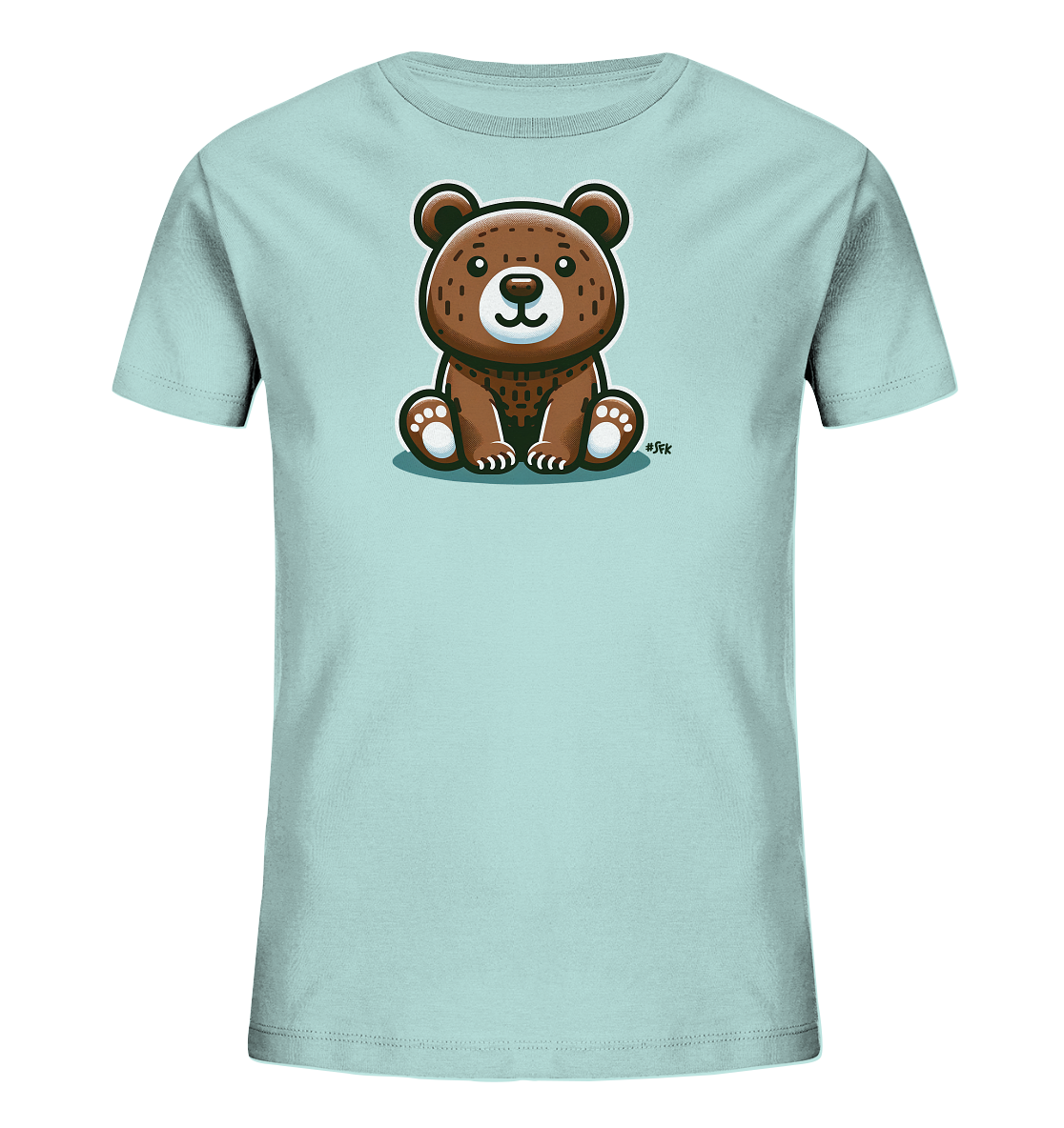 Onlineshop Shirts fuer Kinder - Das Bild zeigt ein hellblaues T-Shirt mit einem niedlichen, cartoonhaften Baerenmotiv auf der Vorderseite. Der Baer sitzt aufrecht und hat braunes Fell mit einem Muster. Er hat grosse, freundliche Augen und eine helle Schnauze sowie weisse Pfoten. Das Design ist kindgerecht und verspielt gestaltet.