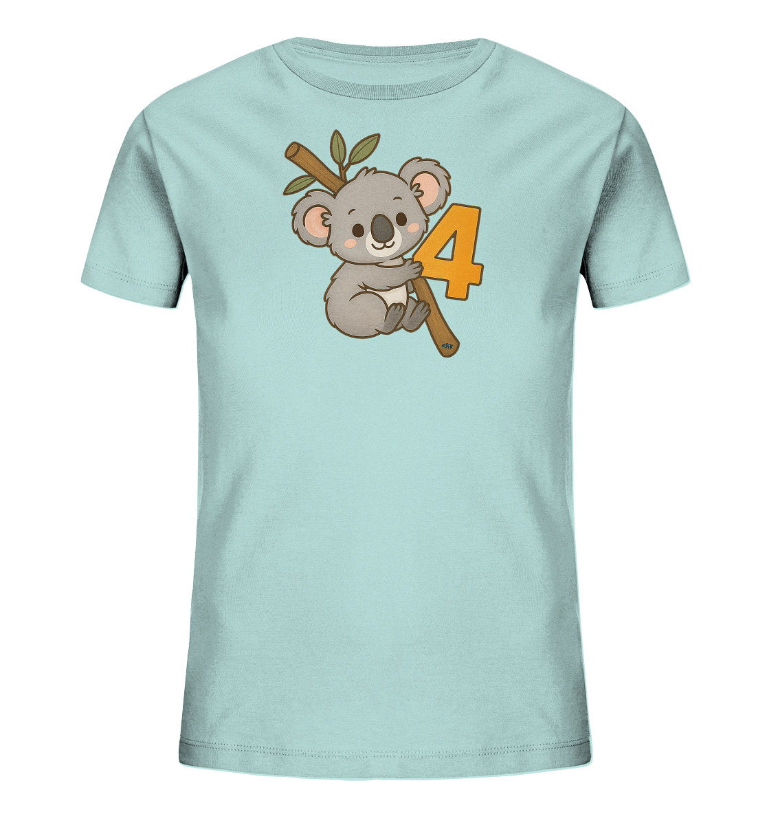 Onlineshop Shirts fuer Kinder - Dieses hellblaue Kinder-T-Shirt zeigt eine niedliche Grafik eines Koalas. Der Koala sitzt auf einem Ast und umarmt die grosse Zahl '4'. Das Design ist froehlich und verspielt.