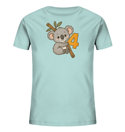 Onlineshop Shirts fuer Kinder - Dieses hellblaue Kinder-T-Shirt zeigt eine niedliche Grafik eines Koalas. Der Koala sitzt auf einem Ast und umarmt die grosse Zahl '4'. Das Design ist froehlich und verspielt.