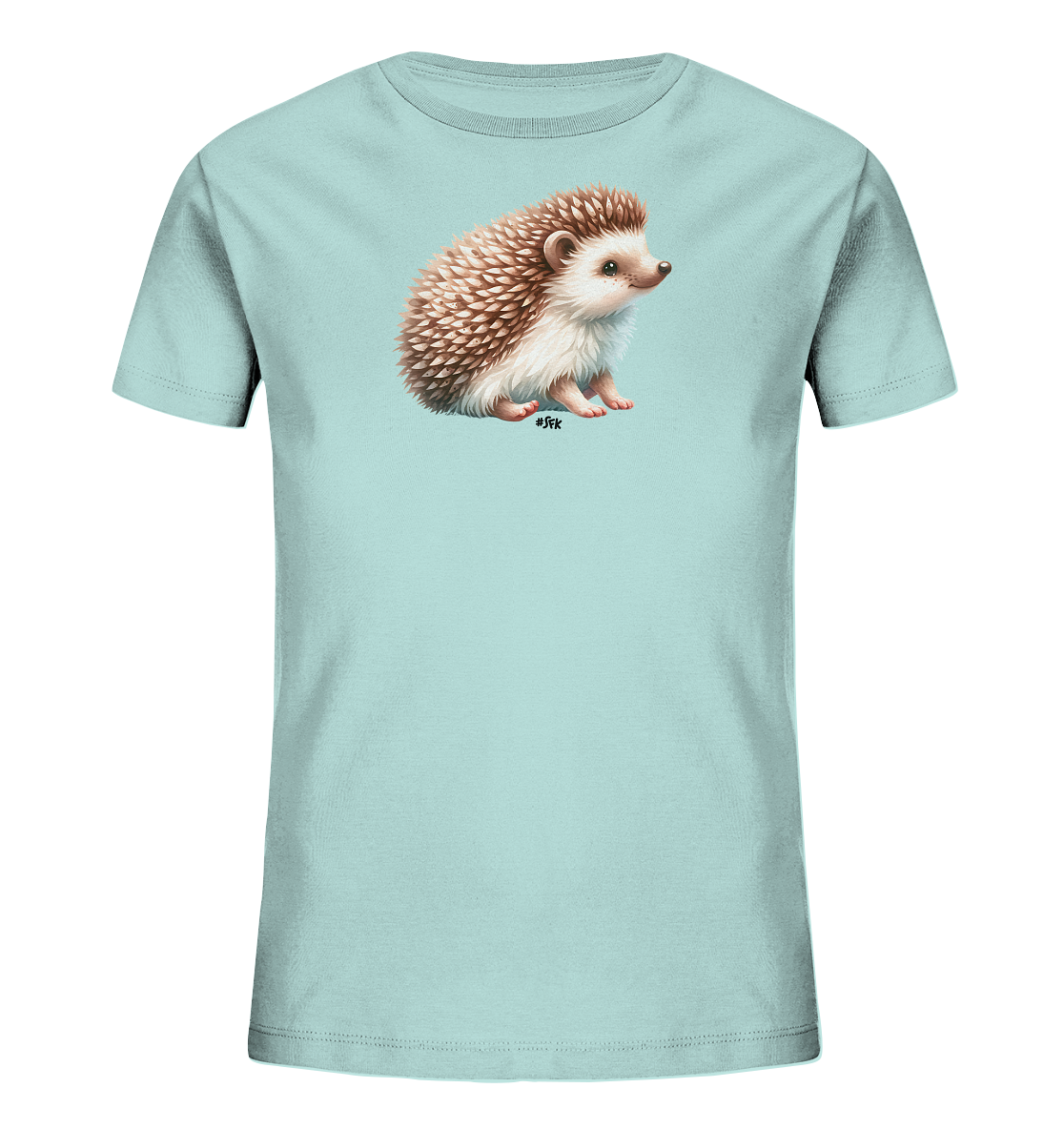 Onlineshop Shirts fuer Kinder - Dieses hellblaue T-Shirt fuer Kinder zeigt eine detaillierte Illustration eines sitzenden Igels. Der kleine Igel ist braun und weiss dargestellt, mit deutlich erkennbaren Stacheln und einem neugierigen Blick zur Seite. Das Design ist zentral auf der Vorderseite des Shirts platziert. Es ist eine charmante und naturverbundene Darstellung, die das T-Shirt ziert.