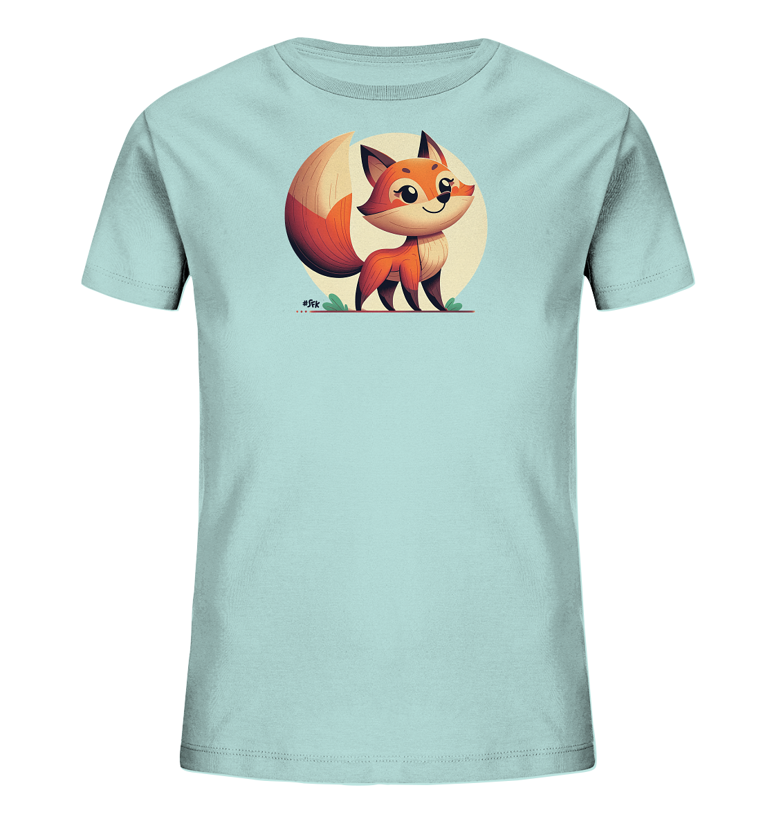 Onlineshop Shirts fuer Kinder - Das Bild zeigt ein hellblaues Kinder-T-Shirt mit einem suessen, cartoonhaften Fuchs-Motiv auf der Vorderseite. Der Fuchs hat orange-braunes Fell, einen grossen Schwanz und steht laechelnd vor einem hellgelben Kreis. Kleine gruene Blaetter sind unter dem Fuchs dargestellt. Das Design wirkt freundlich und verspielt.