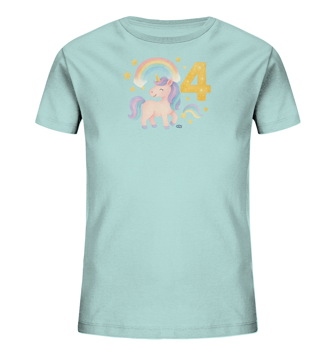 Onlineshop Shirts fuer Kinder - Das Bild zeigt ein hellblaues Kinder-T-Shirt mit einem farbenfrohen Motiv. Auf der Vorderseite ist ein freundliches Einhorn abgebildet, umgeben von einem Regenbogen und Sternen. Rechts neben dem Einhorn prangt eine grosse, goldglaenzende Zahl '4'. Das Design wirkt maerchenhaft und verspielt, ideal fuer junge Kinder.