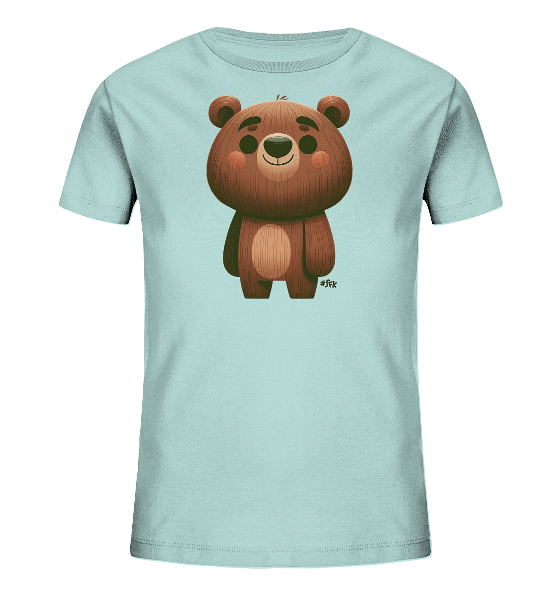 Onlineshop Shirts fuer Kinder - Das Bild zeigt ein hellblaues T-Shirt fuer Kinder mit einem niedlichen Cartoon-Baeren auf der Vorderseite. Der Baer ist braun dargestellt, mit einem freundlichen Gesicht und einer texturierten Felloptik. Das Motiv ist zentral auf dem Shirt platziert und verleiht ihm einen verspielten Look.