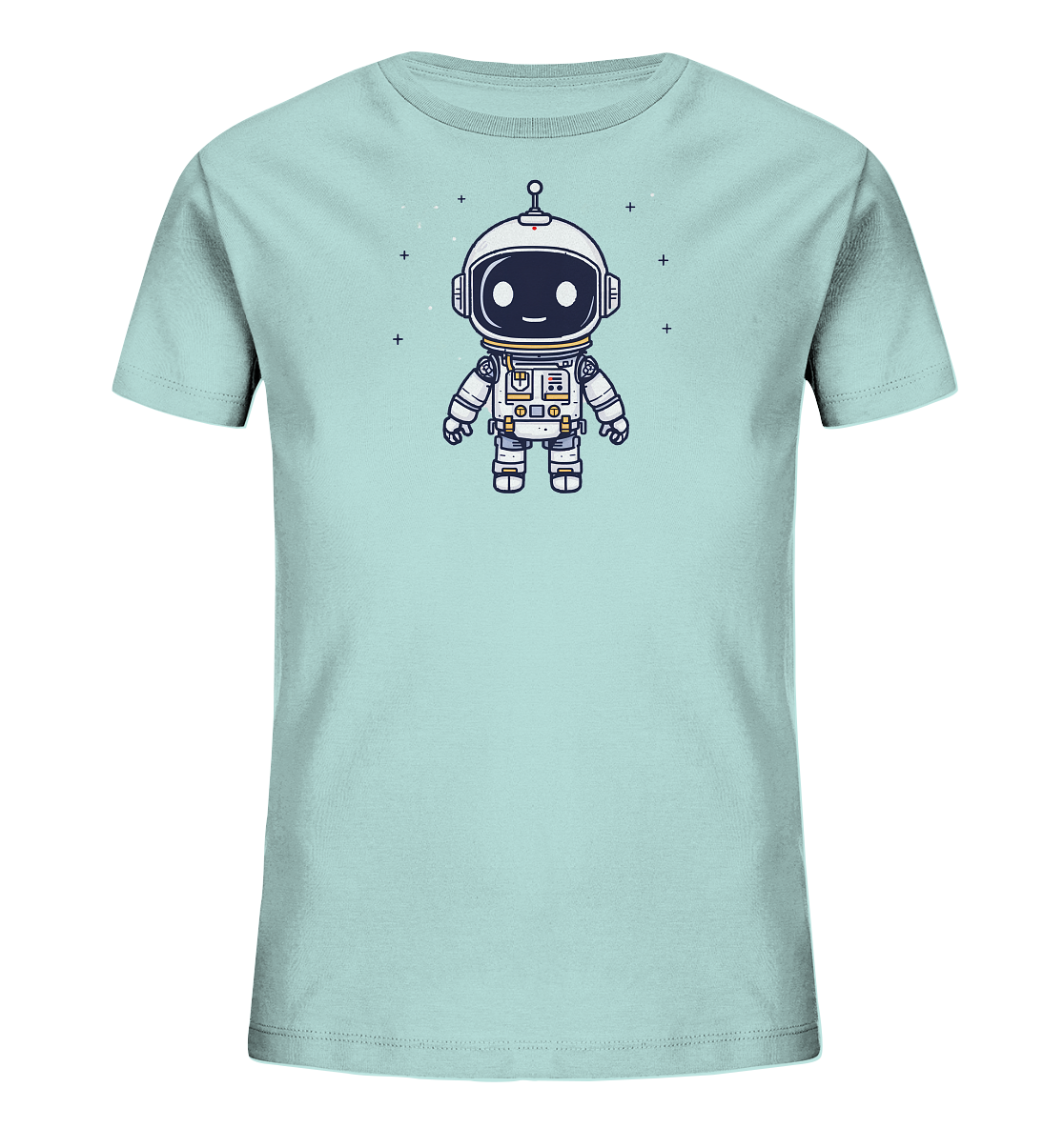 Onlineshop Shirts für Kinder - Das Bild zeigt ein hellblaues Kinder-T-Shirt, auf dessen Vorderseite eine Illustration eines freundlichen Astronauten-Roboters zu sehen ist. Der Roboter trägt einen weißen Helm mit schwarzem Visier, das ein lächelndes Gesicht zeigt, und hat eine kleine Antenne auf dem Kopf. Sein Körper ist detailliert gestaltet mit verschiedenen Anzeigen und Knöpfen, und er steht vor einem Hintergrund mit kleinen, stilisierten Sternen. Das Design wirkt verspielt und ist für Kinder konzipiert.