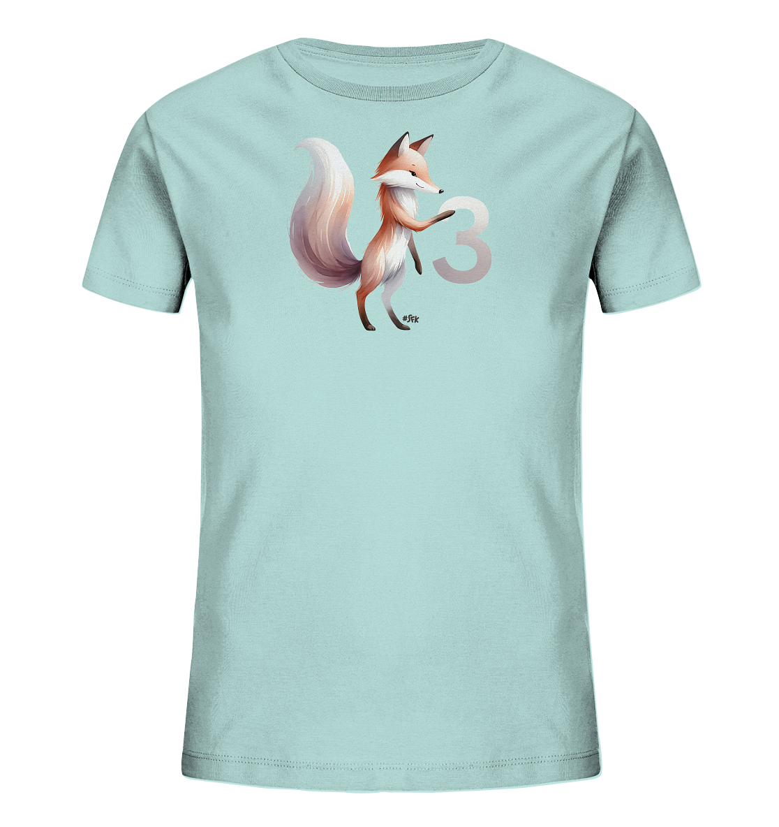 Onlineshop Shirts fuer Kinder - Das Bild zeigt ein hellblaues T-Shirt mit einem niedlichen Aufdruck eines Fuchses. Der Fuchs steht neben der Zahl '3', die in einem sanften Farbton dargestellt ist. Der Fuchs hat ein freundliches Gesicht und einen buschigen Schwanz, was dem Design einen verspielten Charakter verleiht.