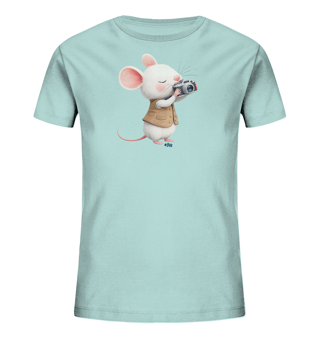 Onlineshop Shirts fuer Kinder - Das Bild zeigt ein hellblaues T-Shirt fuer Kinder. Auf der Vorderseite ist eine niedliche weisse Maus abgebildet, die eine braune Weste traegt. Die Maus haelt eine Kamera und scheint gerade ein Foto zu machen. Das Design wirkt verspielt und liebevoll gestaltet.
