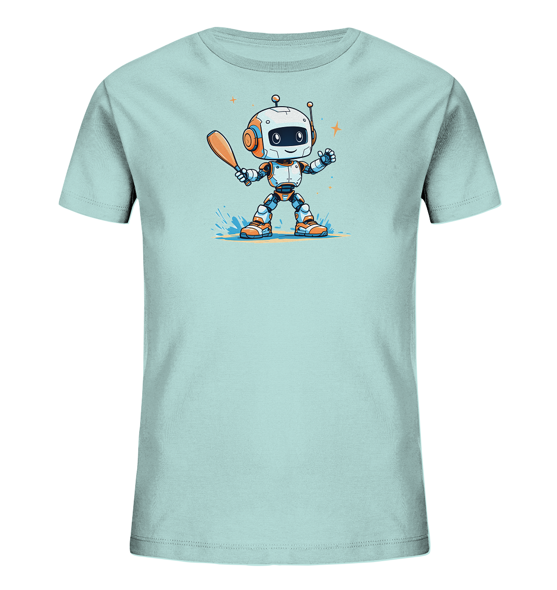 Onlineshop Shirts für Kinder - Das Bild zeigt ein hellblaues T-Shirt für Kinder mit einem farbigen Druck auf der Vorderseite. Der Druck zeigt eine Illustration eines freundlich lächelnden Roboters in den Farben Weiß und Orange. Der kleine Roboter steht auf einem blauen 'Splash'-Effekt und hält einen braunen Baseballschläger in seiner rechten Hand. Zwei kleine orangefarbene Sterne sind neben seinem Kopf abgebildet, was das spielerische Design unterstreicht.