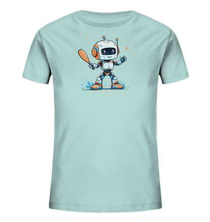 Onlineshop Shirts für Kinder - Das Bild zeigt ein hellblaues T-Shirt für Kinder mit einem farbigen Druck auf der Vorderseite. Der Druck zeigt eine Illustration eines freundlich lächelnden Roboters in den Farben Weiß und Orange. Der kleine Roboter steht auf einem blauen 'Splash'-Effekt und hält einen braunen Baseballschläger in seiner rechten Hand. Zwei kleine orangefarbene Sterne sind neben seinem Kopf abgebildet, was das spielerische Design unterstreicht.