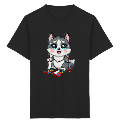Husky-Welpe auf Skiern – Kinder Bio-T-Shirt