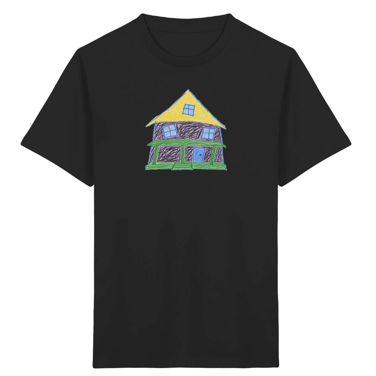 Lila Haus mit Veranda - Kinder Bio T-Shirt Vorderseite