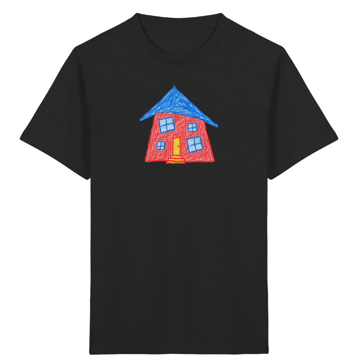 Korallenrotes Haus mit blauem Dach - Kinder Bio T-Shirt Vorderseite