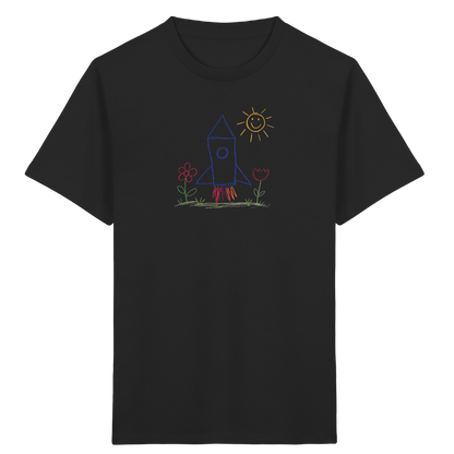 Fröhliches Raketen T-Shirt mit Kinderzeichnung - Kinder Bio T-Shirt
