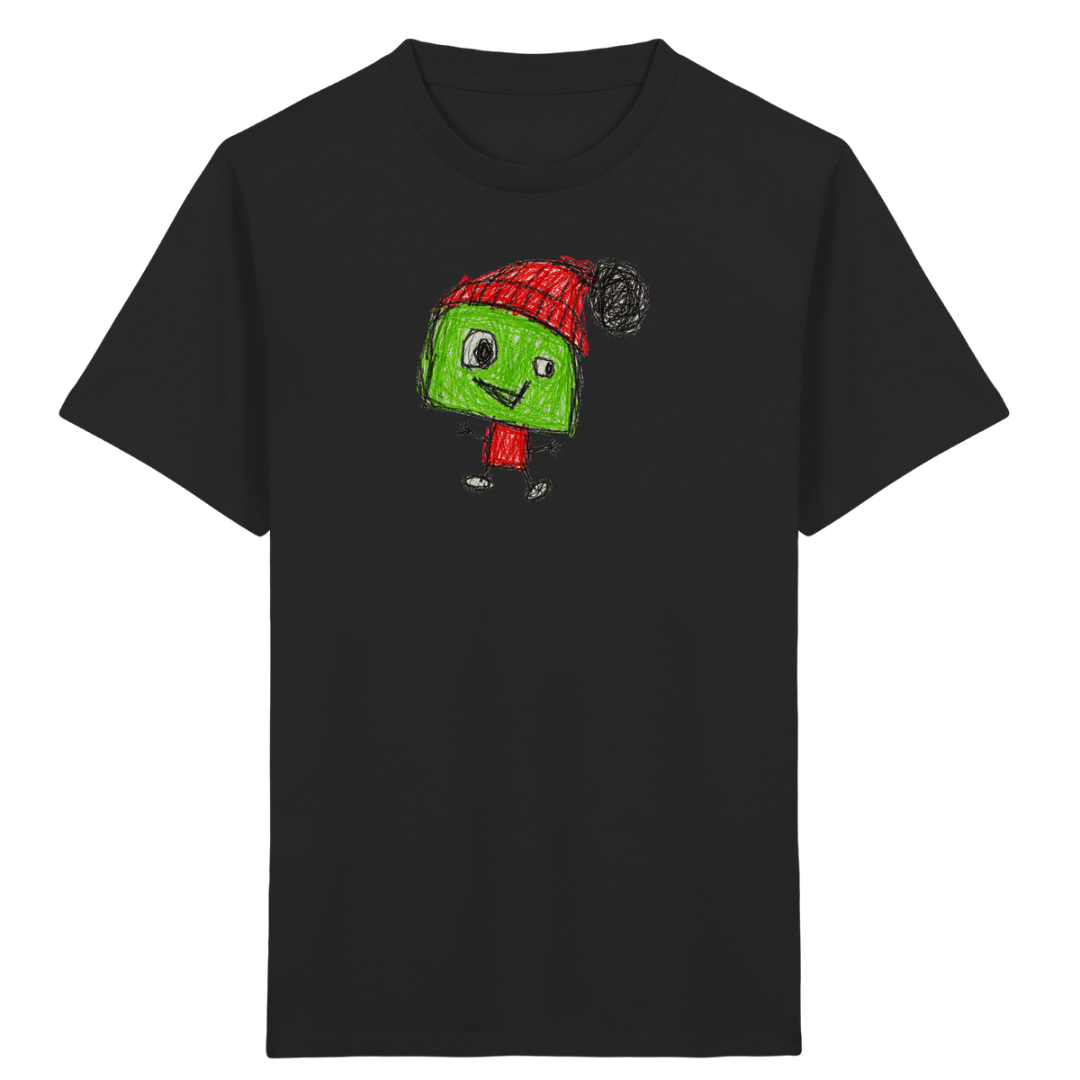 Kritzelkopf mit roter Bommelmütze - Kinder Bio T-Shirt Vorderseite