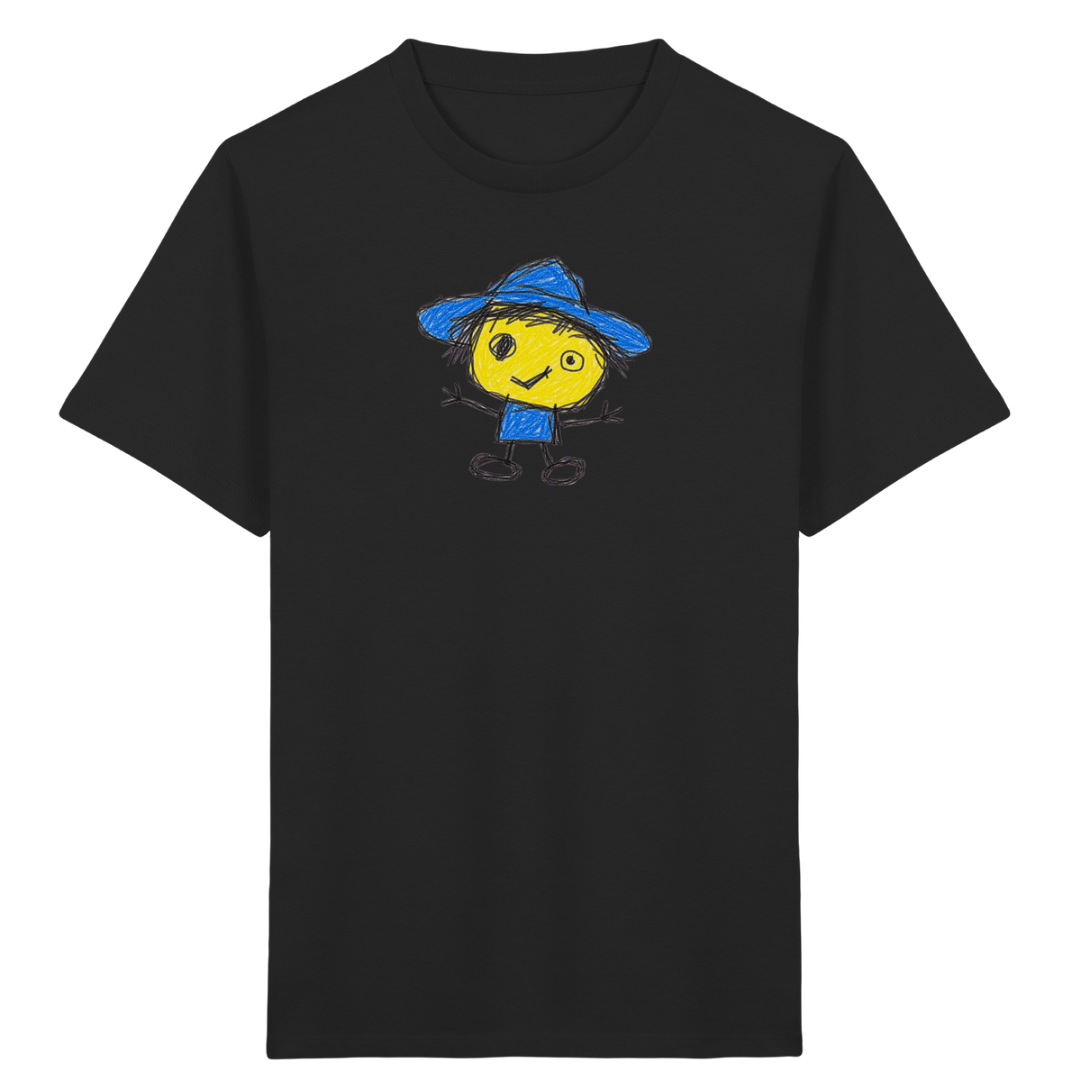 Kritzelkopf mit blauem Regenhut - Kinder Bio T-Shirt Vorderseite