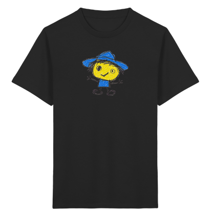 Kritzelkopf mit blauem Regenhut - Kinder Bio T-Shirt Vorderseite