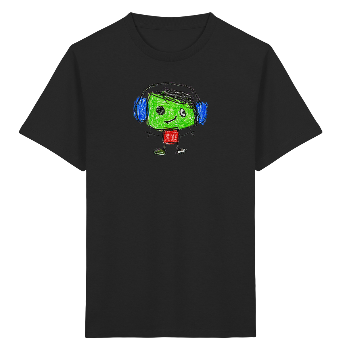 Kritzelkopf mit blauen Ohrenschützern - Kinder Bio T-Shirt Vorderseite