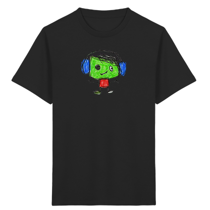 Kritzelkopf mit blauen Ohrenschützern - Kinder Bio T-Shirt Vorderseite
