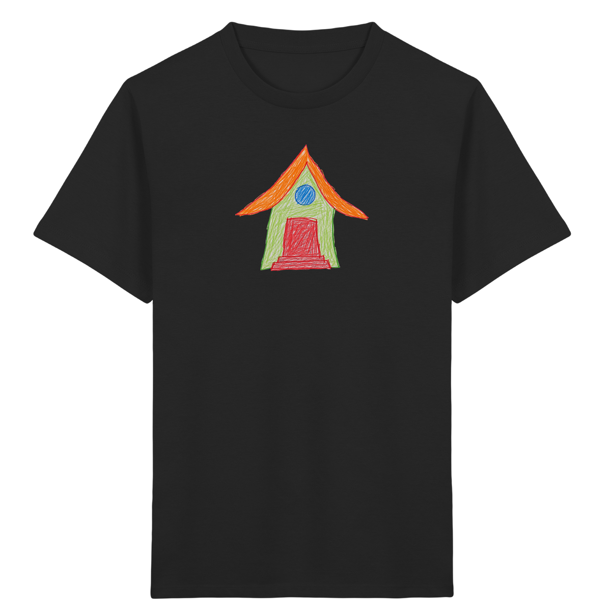 Grünes Haus mit Dachüberhang - Kinder Bio T-Shirt Vorderseite