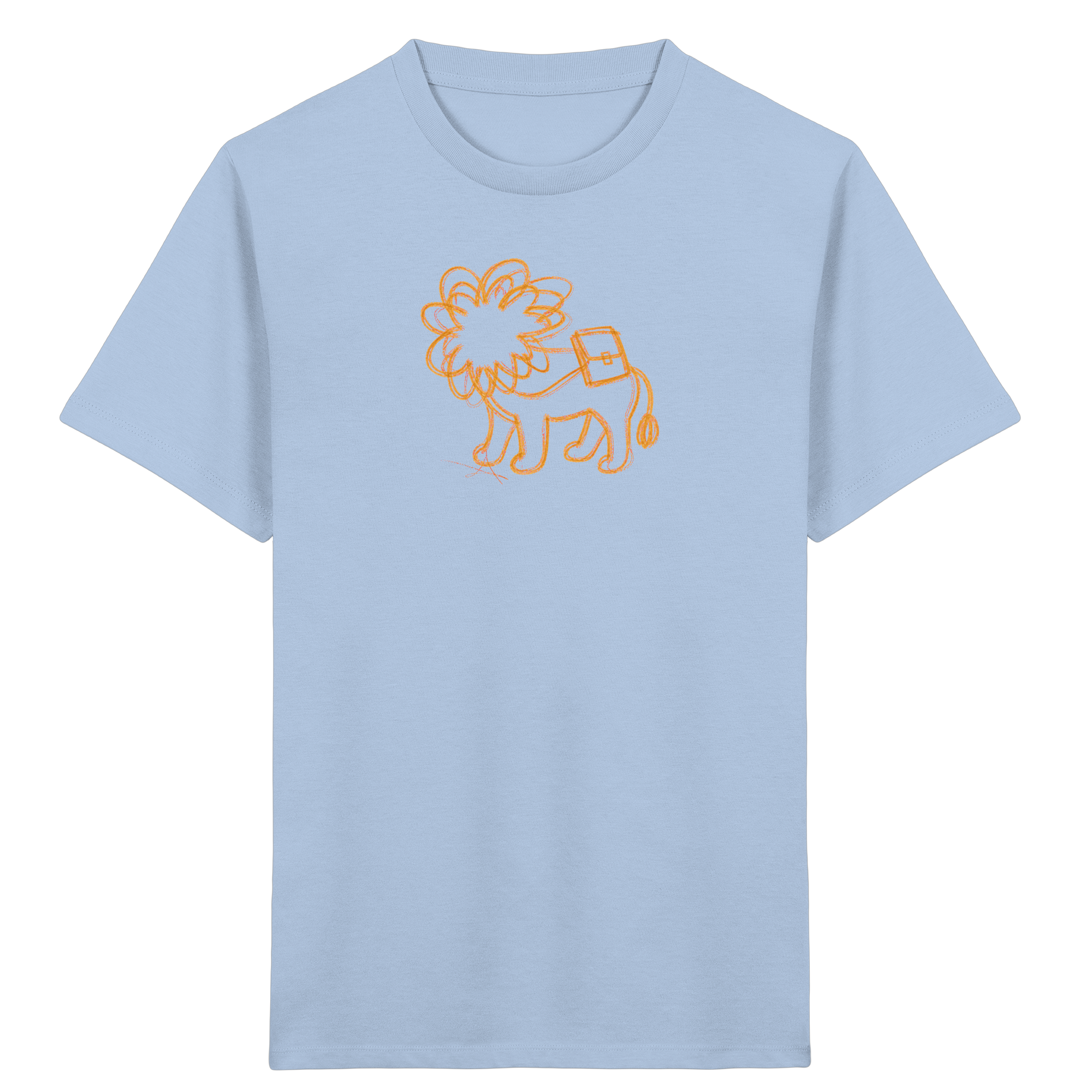Kinder T-Shirt mit senfgelbem Krakellöwen und Ranzen