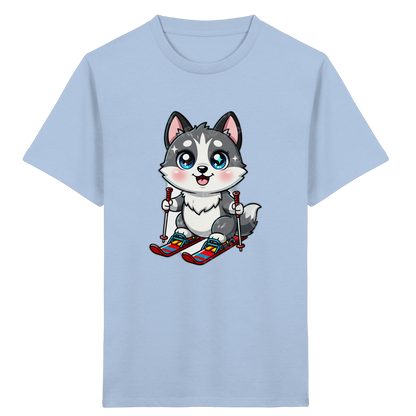 Husky-Welpe auf Skiern – Kinder Bio-T-Shirt