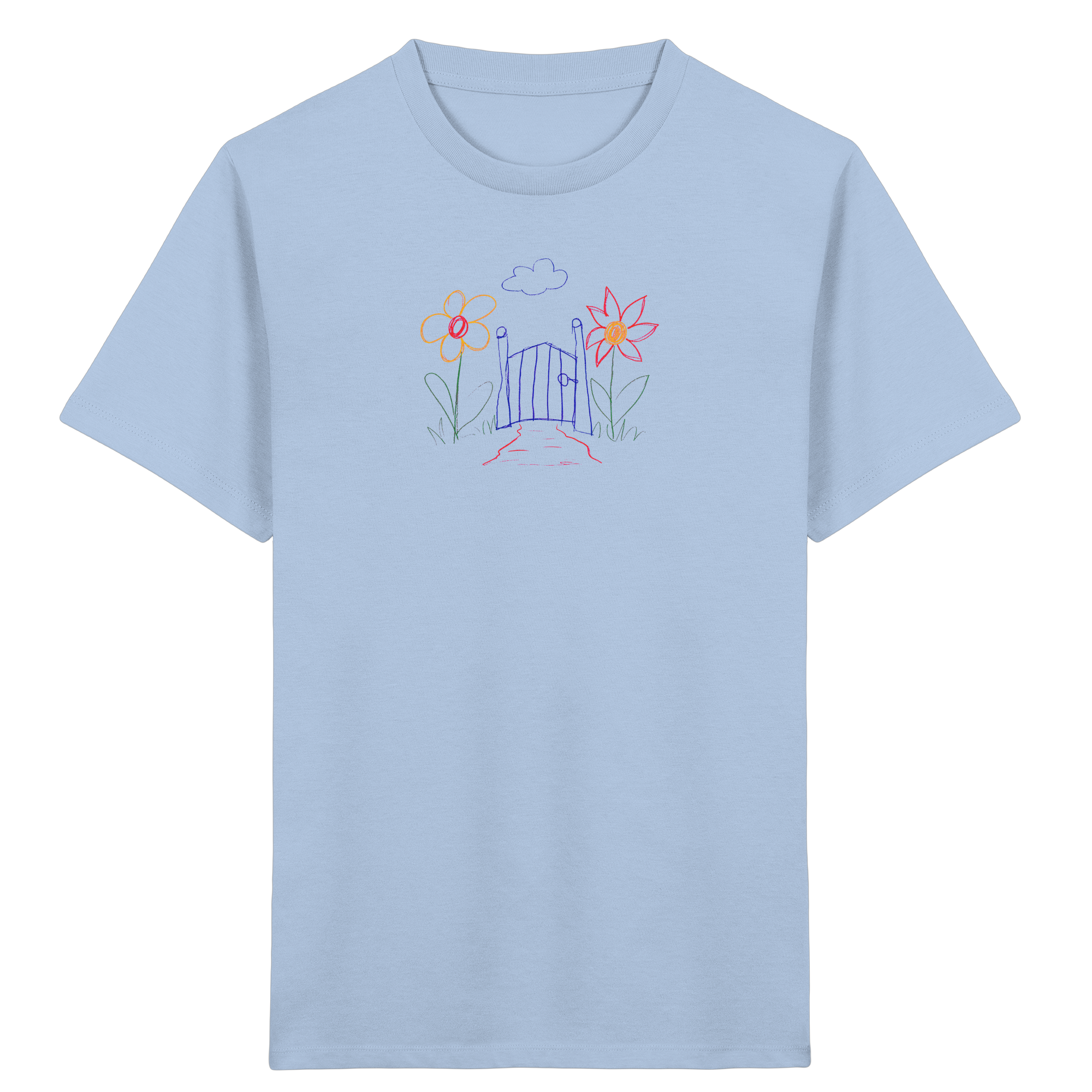 Kinder Bio T-Shirt Garten Motiv Wachsmalstift-Stil