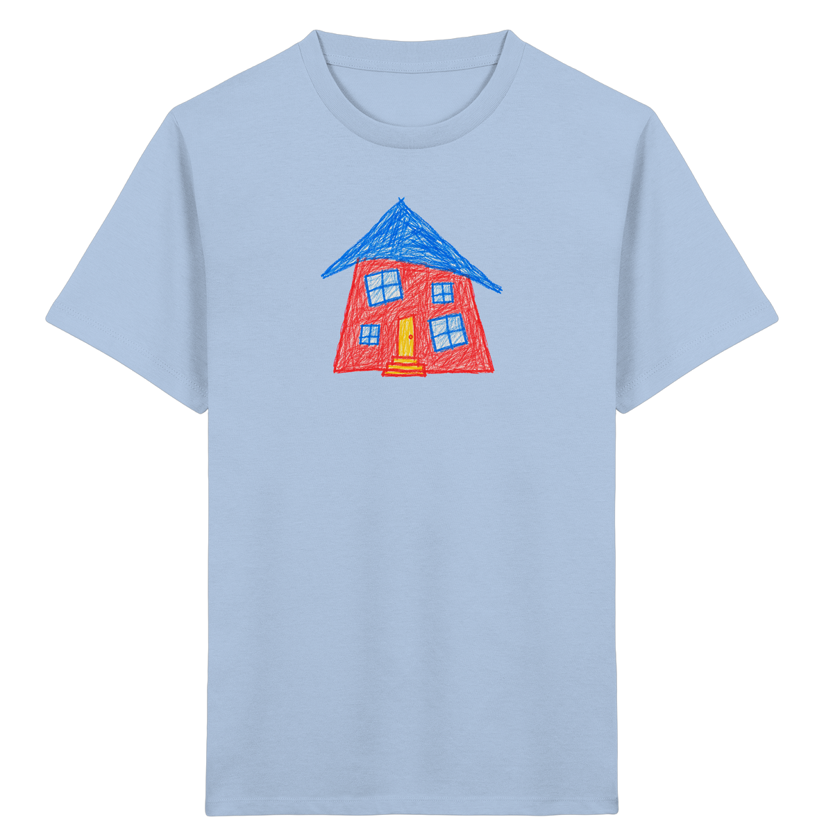 Korallenrotes Haus mit blauem Dach - Kinder Bio T-Shirt