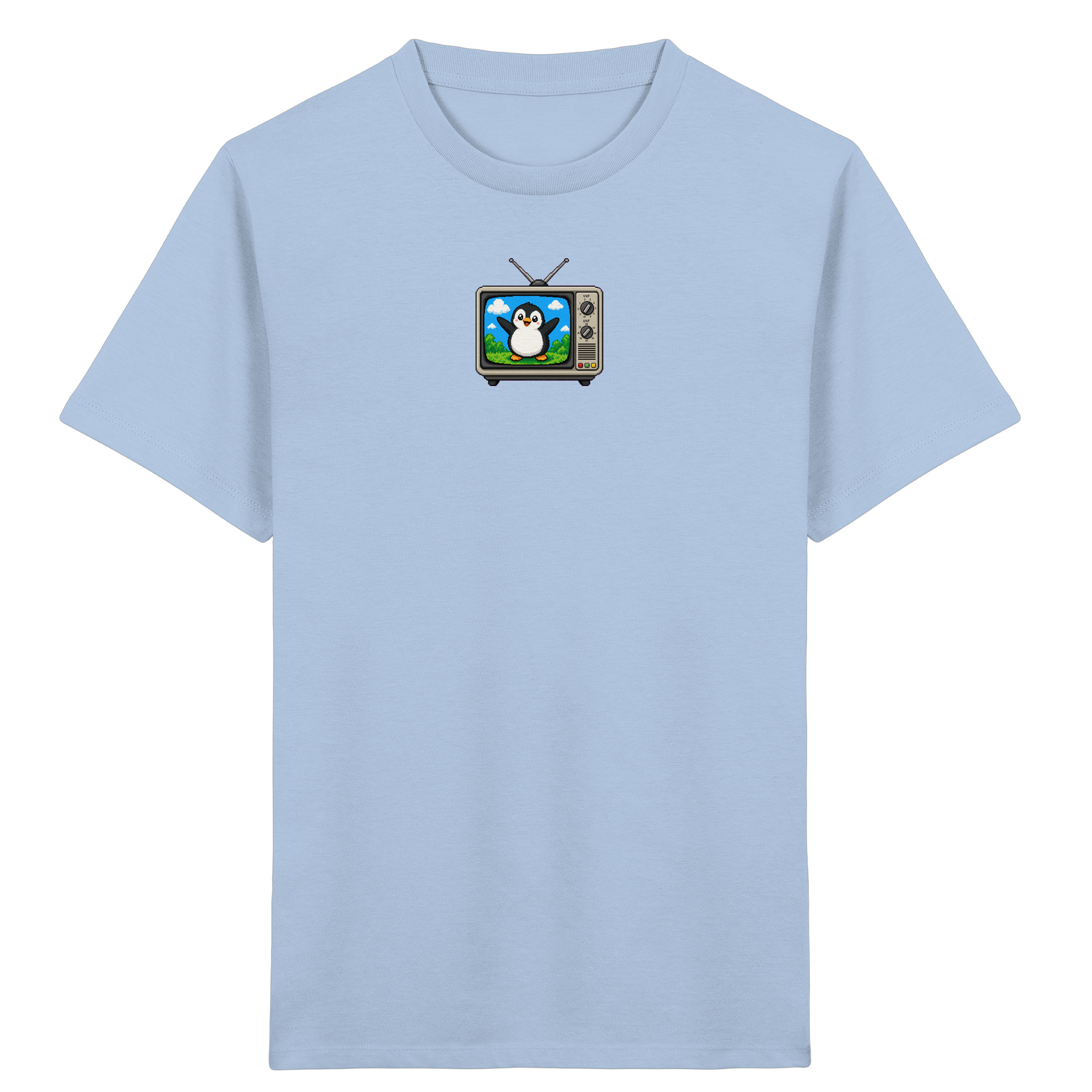 Kinder-T-Shirt mit Pixel-Pinguin vor Retro-TV