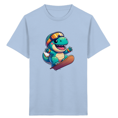 Dinosaurier auf dem Snowboard – Kinder Bio-T-Shirt