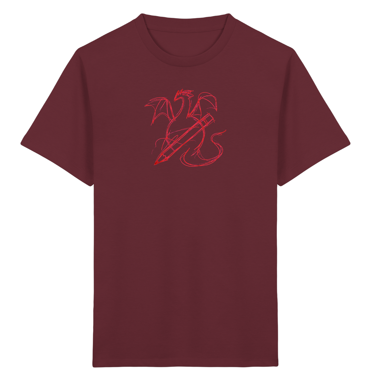 Ziegelroter Krakeldrache mit Bleistift - Kinder Bio T-Shirt Vorderseite