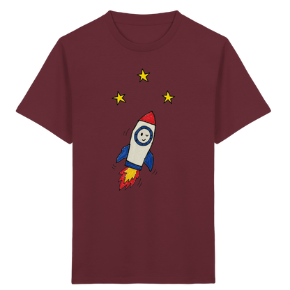 Fröhliches Raketen T-Shirt für Abenteurer - Kinder Bio T-Shirt Vorderseite
