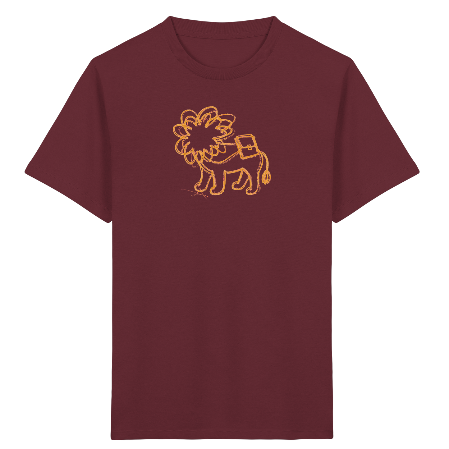 Senfgelber Krakellöwe mit Ranzen - Kinder Bio T-Shirt Vorderseite