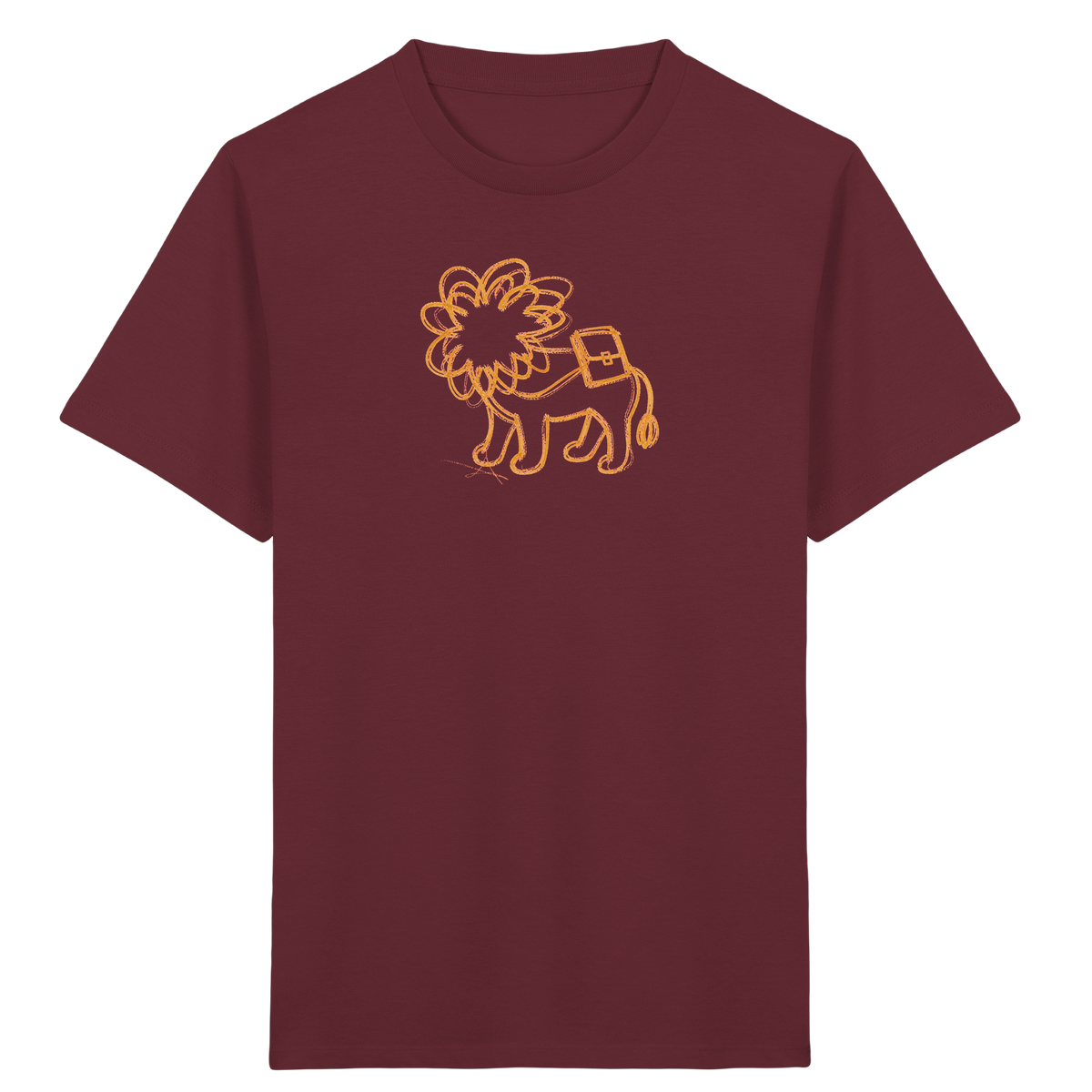 Senfgelber Krakellöwe mit Ranzen - Kinder Bio T-Shirt Vorderseite