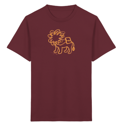 Senfgelber Krakellöwe mit Ranzen - Kinder Bio T-Shirt Vorderseite