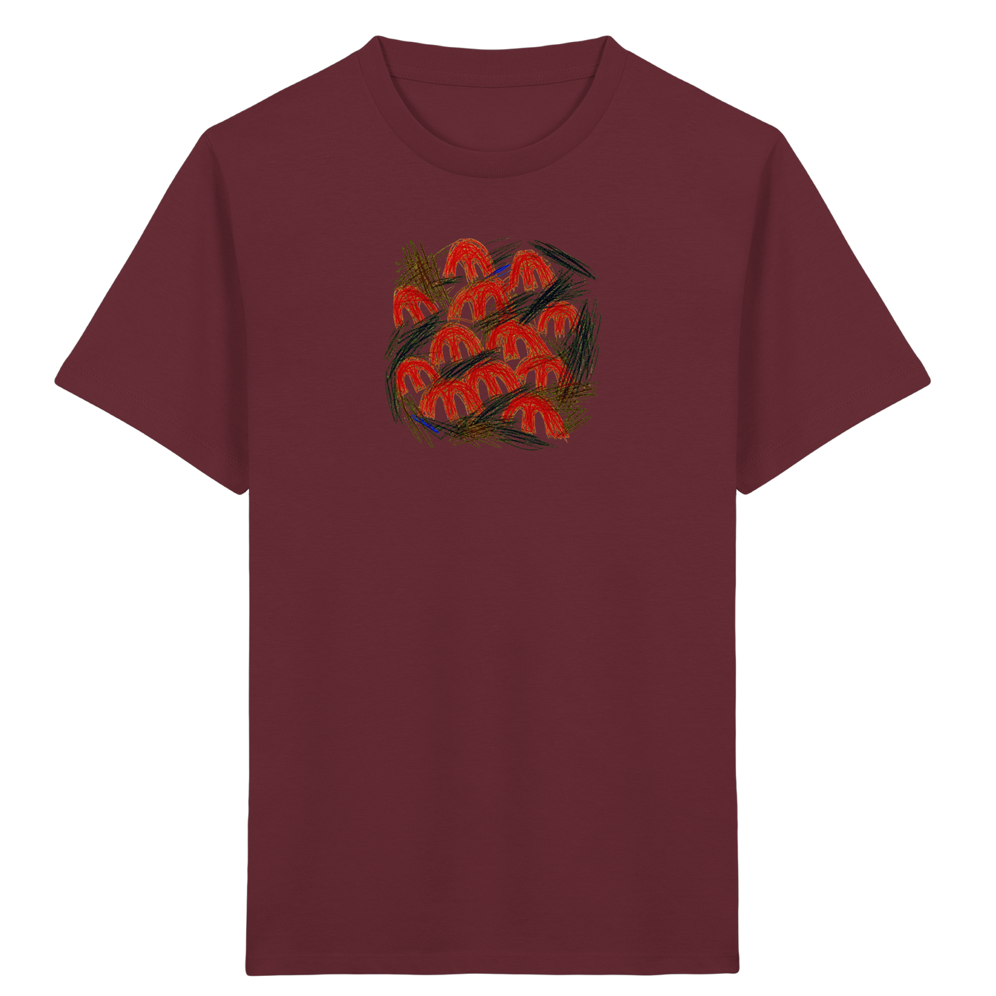 Burgunderrotes Kinder Bio T-Shirt mit Pilz-Motiv im Kritzelstil