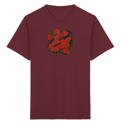 Burgunderrotes Kinder Bio T-Shirt mit Pilz-Motiv im Kritzelstil