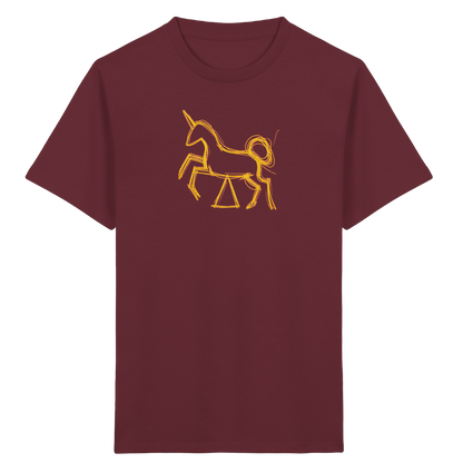 Currygelbes Einhorn zur Einschulung - Kinder Bio T-Shirt Vorderseite