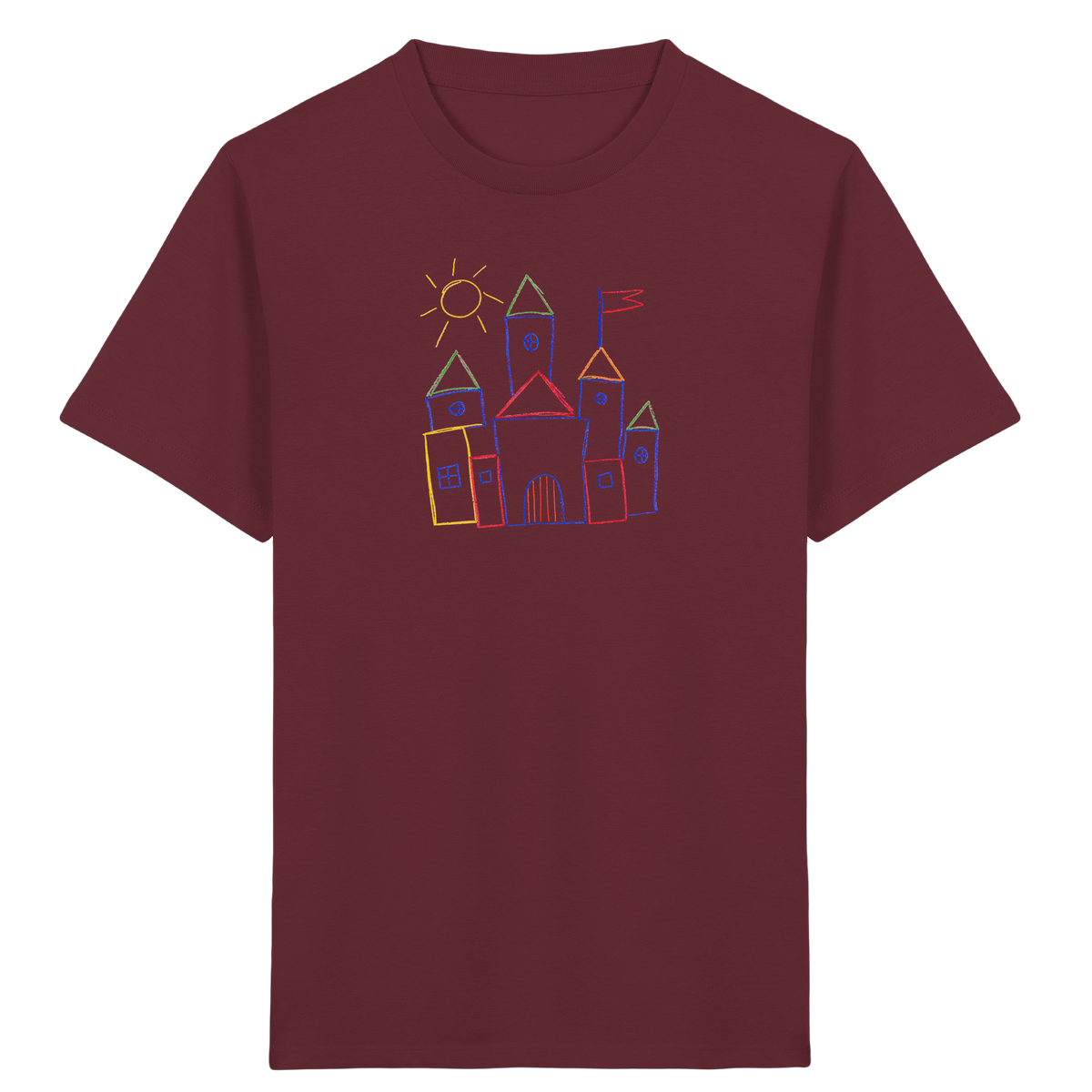 Fröhliches T-Shirt mit Märchenburg Motiv - Kinder Bio T-Shirt Vorderseite