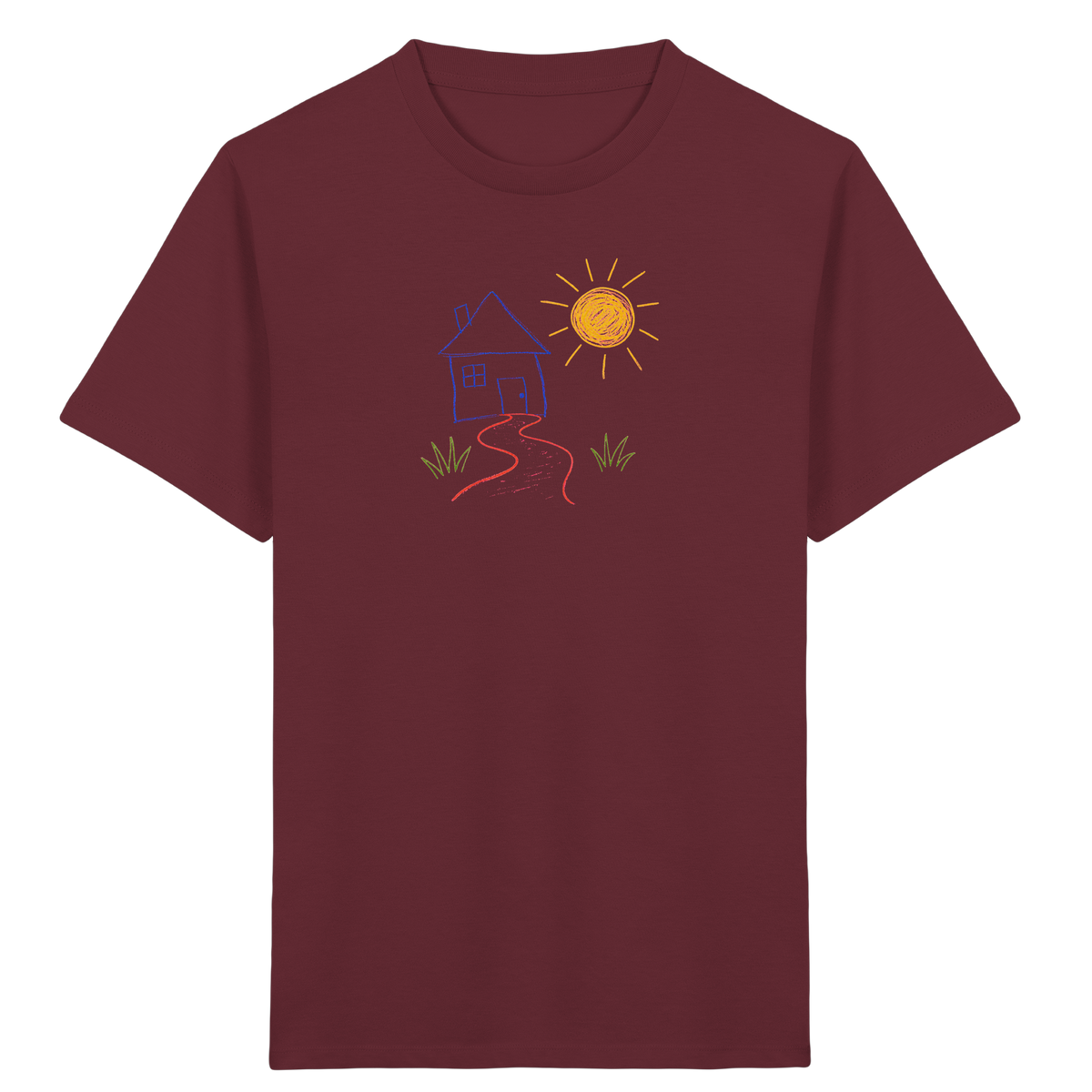 Kindershirt mit bunter Wachsmalstift Zeichnung - Kinder Bio T-Shirt Vorderseite