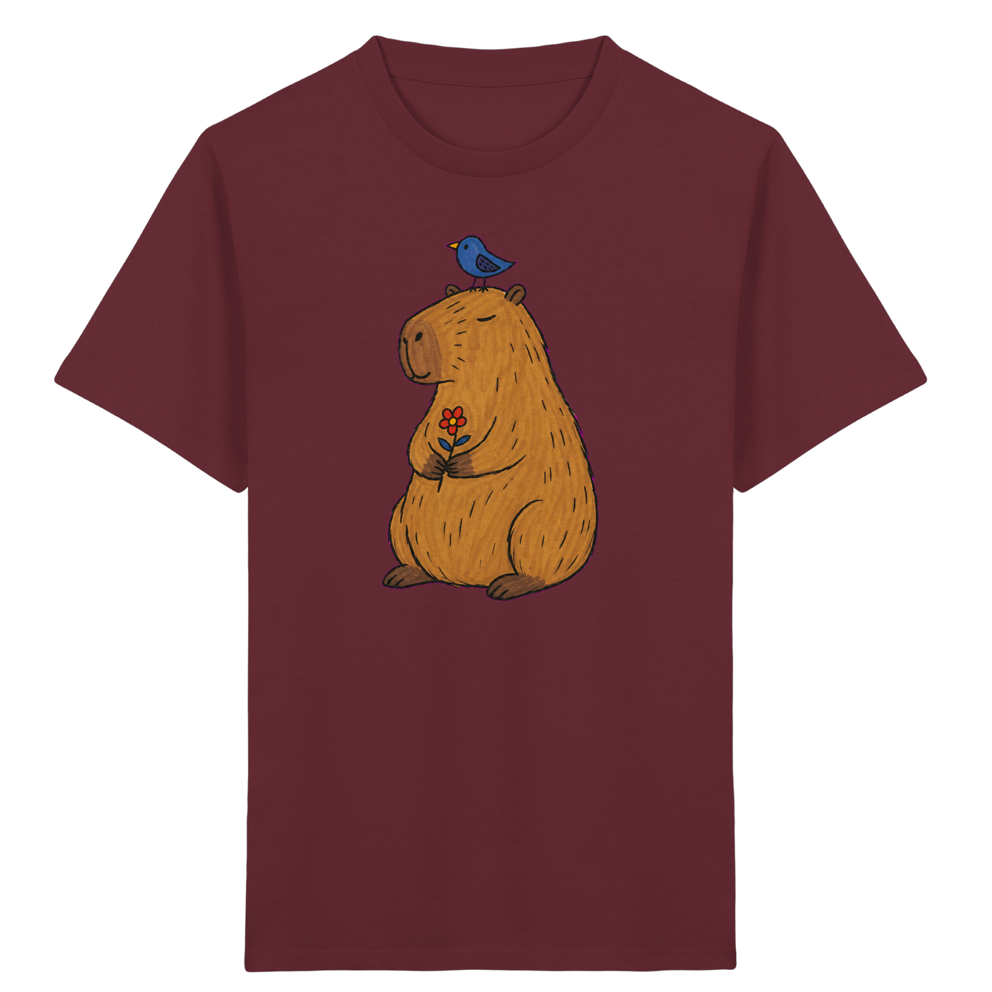 Süßes Capybara T-Shirt mit Vogel - Kinder Bio T-Shirt Vorderseite